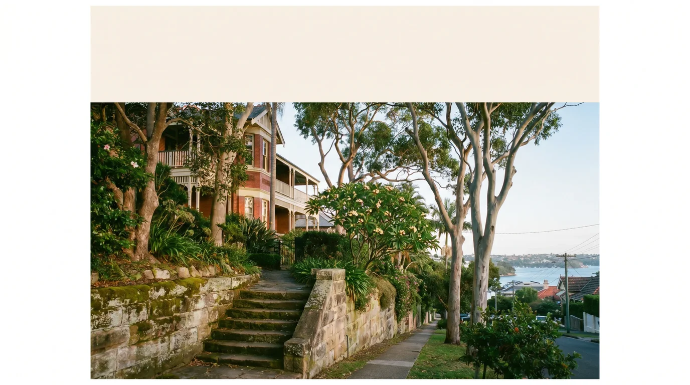 A steep leafy Mosman street with stone steps leading up from the footpath to a Federation home, Sydney Harbour beyond