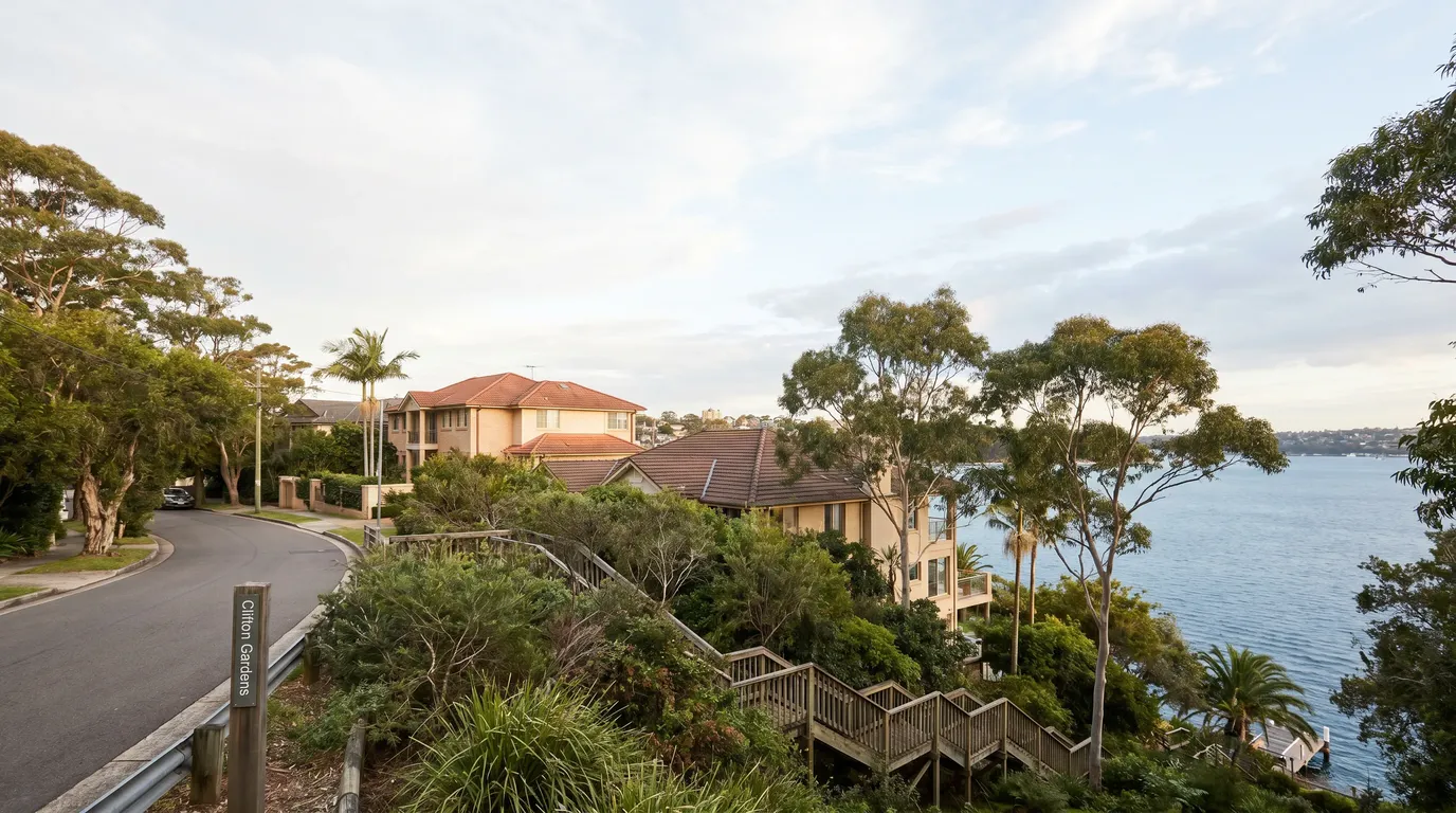 A residential street in Clifton Gardens, showing the typical access for a move here
